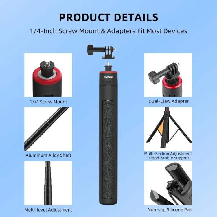 Flymile 1.4m Extendable Selfie Stick Tripod For Action Cameras One-Button Quick Setup Monopod With Wide-Angle View - free shipping - PMC Jewellery - Order now!
