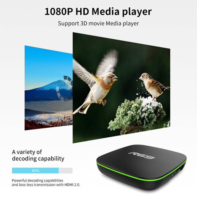 R69 1080P HD Smart TV BOX Android 4.4 Media Player with Remote Control, Quad Core Allwinner H3, RAM: 1GB, ROM: 8GB, 2.4G WiFi, LAN, UK Plug