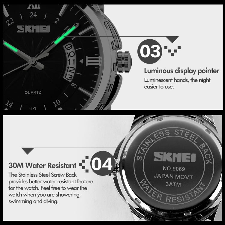 SKMEI 9069 Multifunctional Outdoor Fashion Business Waterproof Silver Shell Quartz Wrist Watch(Gold) - free shipping - PMC Jewellery - Order now!