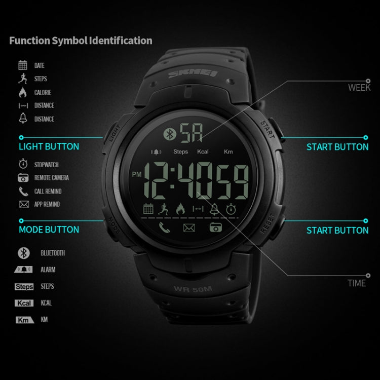 SKMEI 1301 Multifunction 50m Water-resistant Sports Bluetooth Smart Watch, Compatible with Android & iOS System(Black)