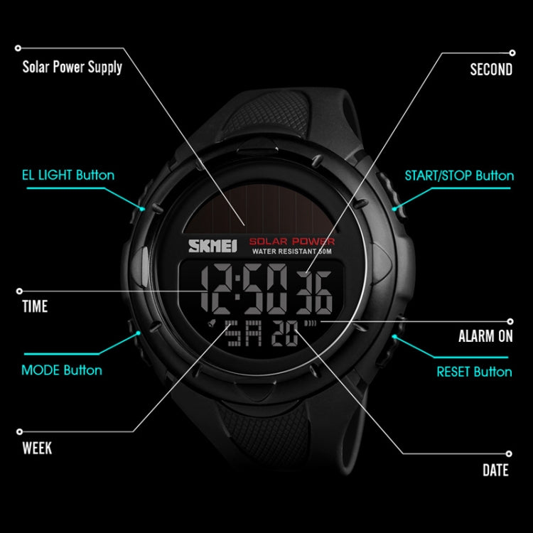 SKMEI 1405 Fashion Solar Power Outdoor Sports Watch Multifunctional 50m Water-resistant Men Digital Watch(Black)