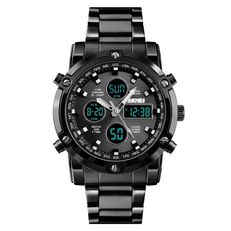 SKMEI 1389 Multifunctional Men Business Digital Watch 30m Water-resistant Large Dial Wrist Watch with Stainless Steel Watchband (Black)
