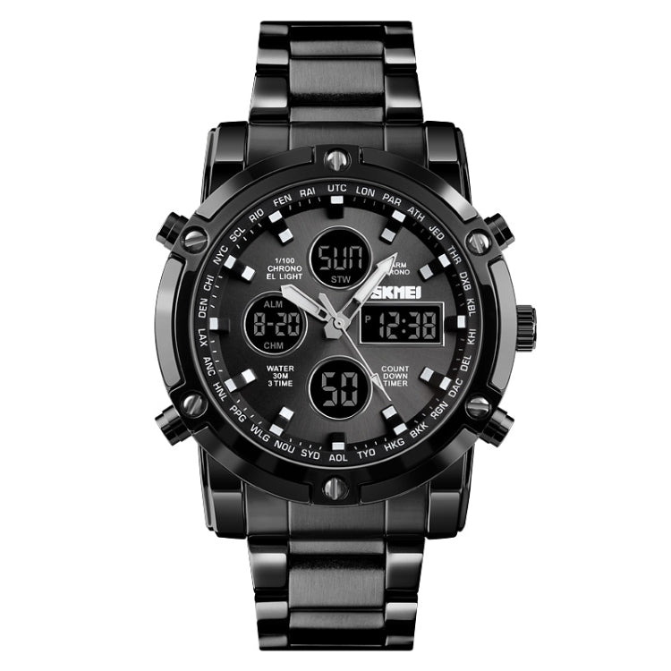 SKMEI 1389 Multifunctional Men Business Digital Watch 30m Water-resistant Large Dial Wrist Watch with Stainless Steel Watchband (Black)
