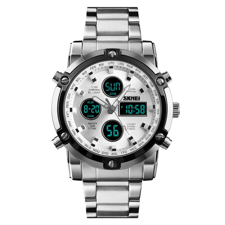 SKMEI 1389 Multifunctional Men Business Digital Watch 30m Water-resistant Large Dial Wrist Watch with Stainless Steel Watchband (Silver)