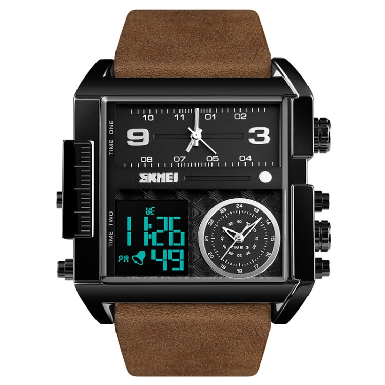 SKMEI 1391 Multifunctional Men Business Digital Watch 30m Water-resistant Square Dial Wrist Watch with Leather Watchband(Black+Coffee)