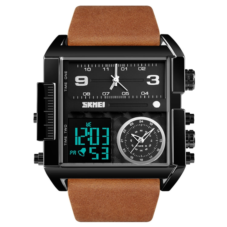 SKMEI 1391 Multifunctional Men Business Digital Watch 30m Water-resistant Square Dial Wrist Watch with Leather Watchband(Black Brown)