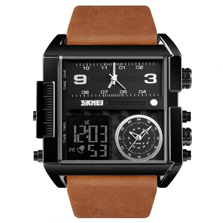 SKMEI 1391 Multifunctional Men Business Digital Watch 30m Water-resistant Square Dial Wrist Watch with Leather Watchband(Black Brown)