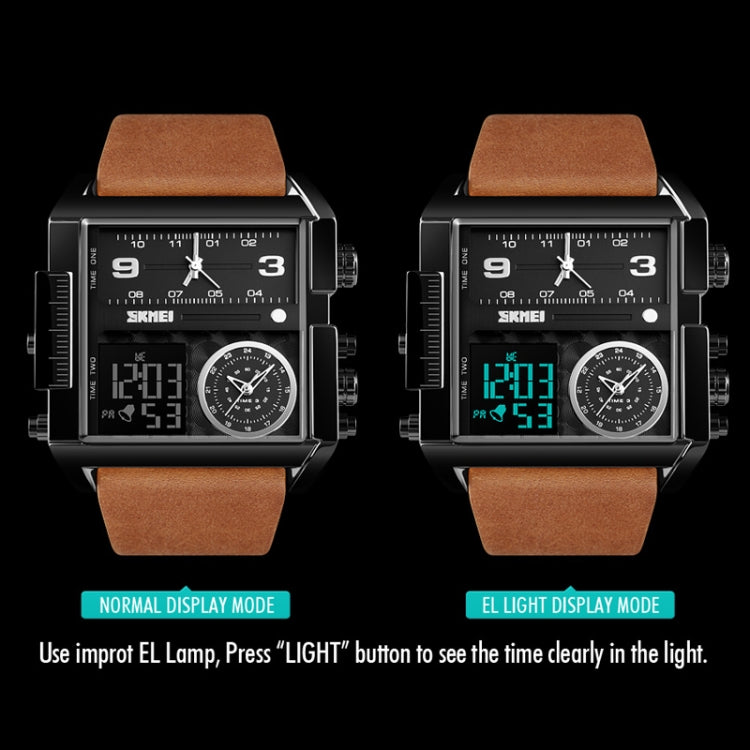 SKMEI 1391 Multifunctional Men Business Digital Watch 30m Water-resistant Square Dial Wrist Watch with Leather Watchband(Black Brown)