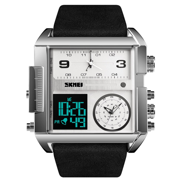 SKMEI 1391 Multifunctional Men Business Digital Watch 30m Water-resistant Square Dial Wrist Watch with Leather Watchband(Silver+Black)