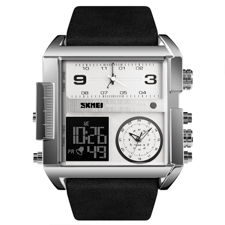 SKMEI 1391 Multifunctional Men Business Digital Watch 30m Water-resistant Square Dial Wrist Watch with Leather Watchband(Silver+Black)