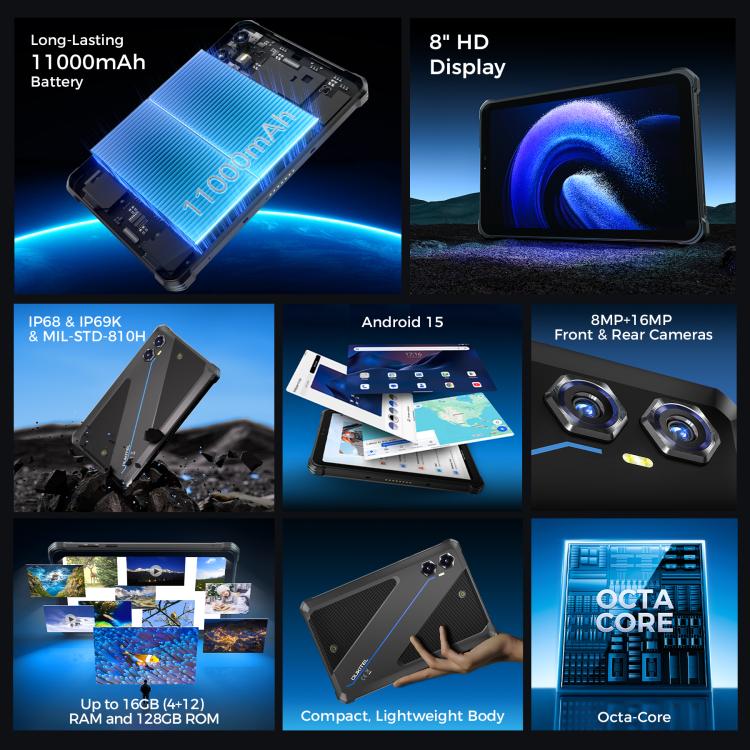 OUKITEL RT3 Plus 4G Network IP68/IP69K Rugged Tablet, 4GB+128GB, 8.0 inch Android 15 MediaTek G81 Octa-Core Support Dual SIM, EU Plug (Black) - free shipping - PMC Jewellery - Order now!