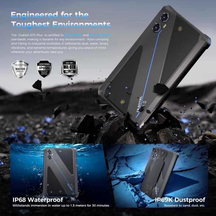 OUKITEL RT3 Plus 4G Network IP68/IP69K Rugged Tablet, 4GB+128GB, 8.0 inch Android 15 MediaTek G81 Octa-Core Support Dual SIM, EU Plug (Blue)