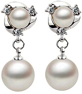 925 Sterling Silver Plated Clear Crystal White Simulated Pearl Drop Earrings - free shipping - PMC TechLife - Order now!