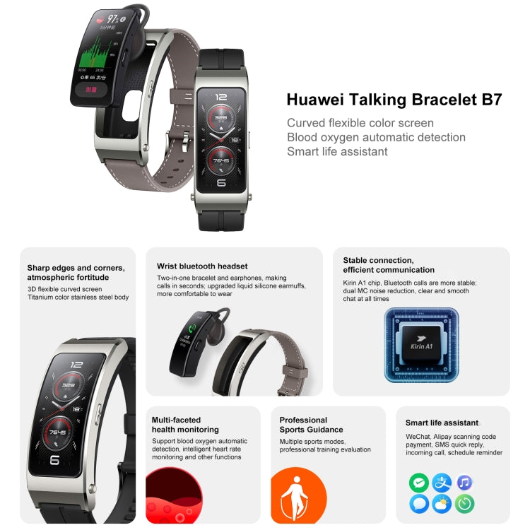 Original Huawei TalkBand B7 Smart Bracelet, 1.53 inch Screen, Support Bluetooth Call / Heart Rate / Blood Oxygen / Sleep Monitoring (Grey)