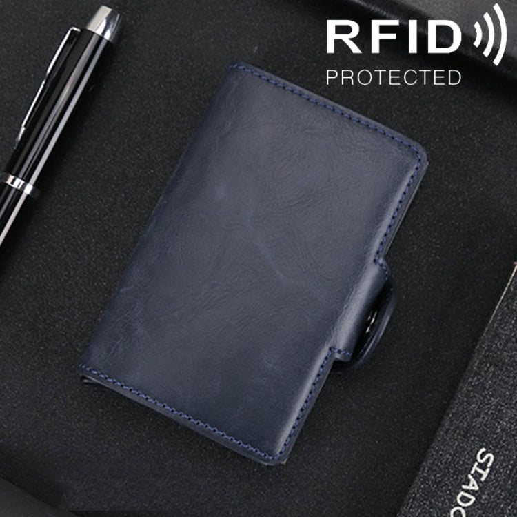 X-7 Antimagnetic RFID Multi-functional Aluminum Crazy Horse Texture Leather Card Bag Wallet(Dark Blue)