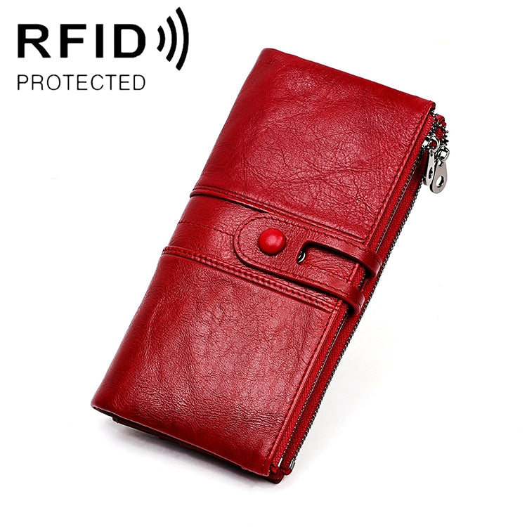 3520 Long Cowhide Leather Folding Anti-magnetic RFID Wallet for Ladies, with Card Slots(Red) - free shipping - PMC Jewellery - Order now!