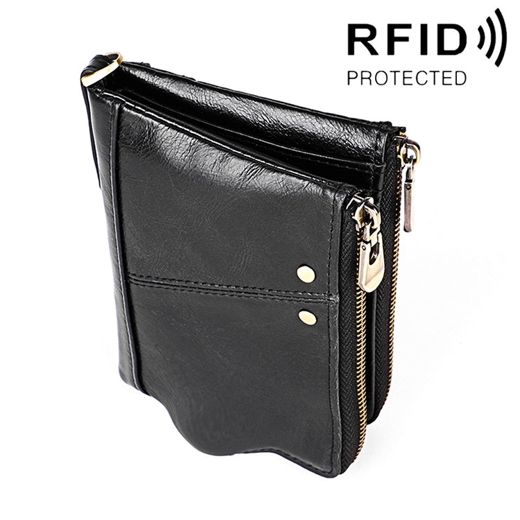 3533 Long Crazy Horse Texture Cowhide Leather Folding Anti-magnetic RFID Wallet Clutch Bag for Men, with Card Slots(Black)