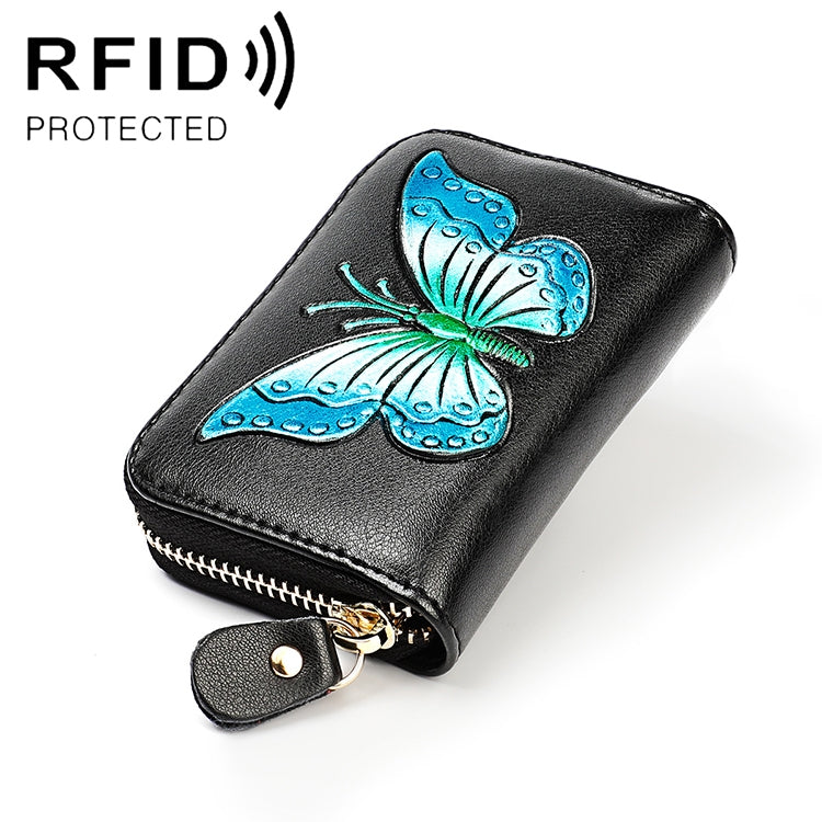 KB152 Butterfly Pattern Zipper Cowhide Leather Organ Shape Multiple Card Slots Anti-magnetic RFID Wallet for Ladies(Blue)