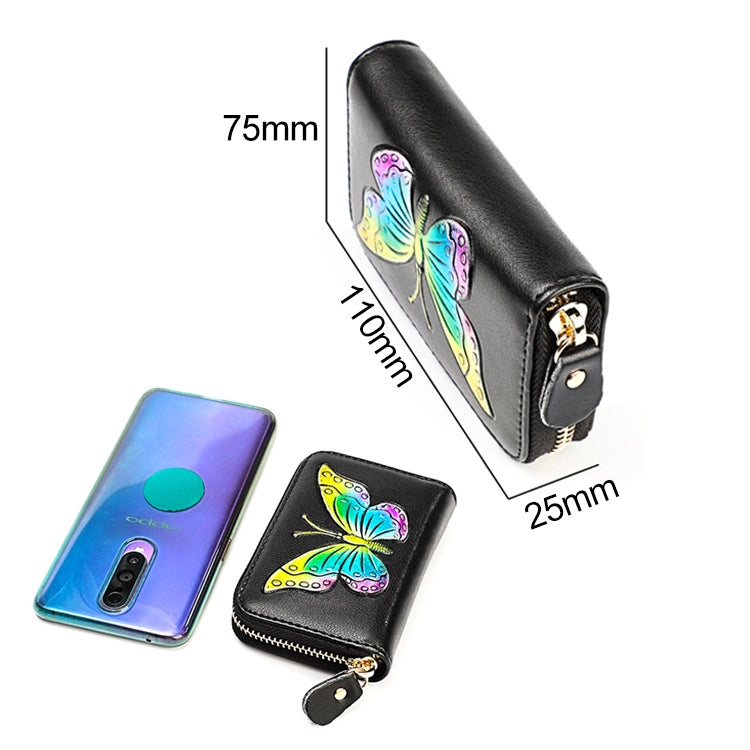 KB152 Butterfly Pattern Zipper Cowhide Leather Organ Shape Multiple Card Slots Anti-magnetic RFID Wallet for Ladies(Blue)