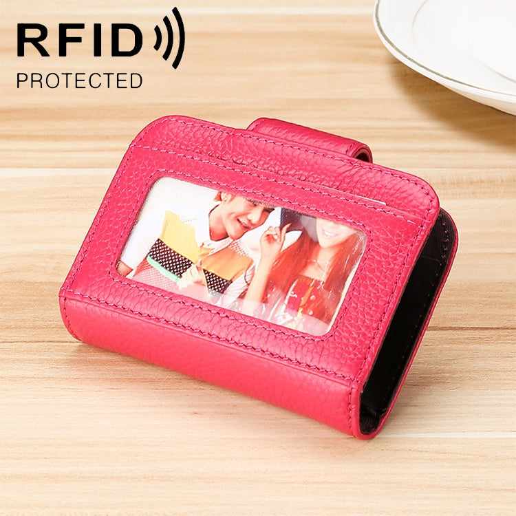KB188 Horizontal Cowhide Leather Organ Shape Multiple Card Slots Anti-magnetic RFID Wallet for Ladies, with Transparent Window(Rose Red)