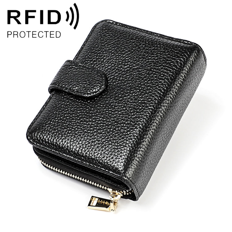 KB192 Buckle Zipper Cowhide Leather Organ Shape Multiple Card Slots Anti-magnetic RFID Wallet Clutch Bag for Men(Black)