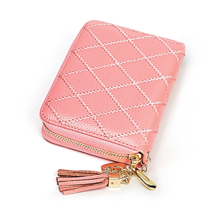 KB213 Diamond Texture Zipper Cowhide Leather Double Row Organ Shape Multiple Card Slots Anti-magnetic RFID Wallet Clutch Bag for Ladies (Pink)