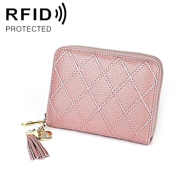 KB213 Diamond Texture Zipper Cowhide Leather Double Row Organ Shape Multiple Card Slots Anti-magnetic RFID Wallet Clutch Bag for Ladies (Light Pink)
