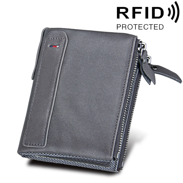 Genuine Cowhide Leather Crazy Horse Texture Dual Zipper Short Style Card Holder Wallet RFID Blocking Card Bag Protect Case for Men, Size: 12.1*9.4*2.7cm(Grey)
