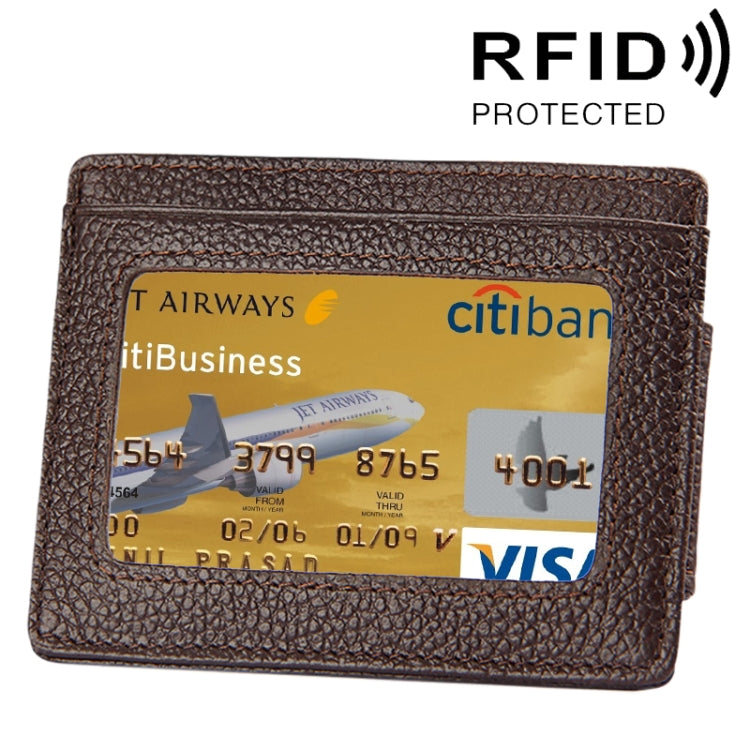 Cowhide Leather Solid Color Card Holder Wallet RFID Blocking Card Bag Protect Case with 3 Card Slots & Photo Frame, Size: 110*77*4mm(Coffee)