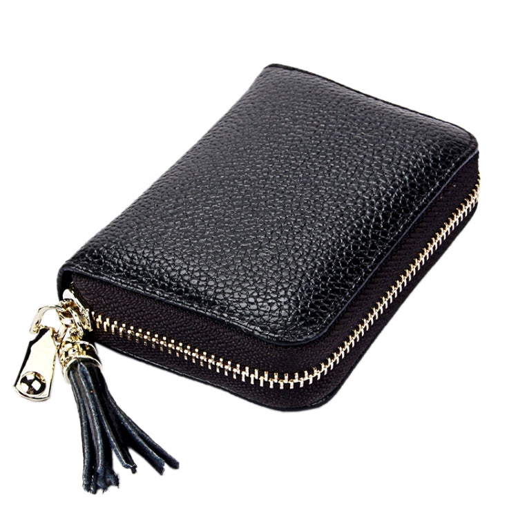 Genuine Cowhide Leather Solid Color Zipper Card Holder Wallet RFID Blocking Card Bag Protect Case Coin Purse with Tassel Pendant & 15 Card Slots for Women, Size: 11.1*7.6*3.5cm(Red)