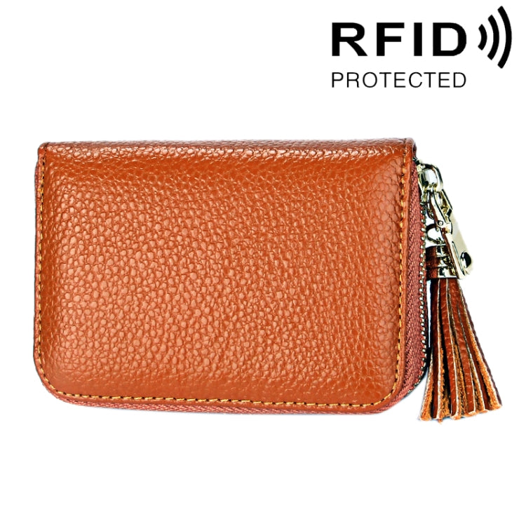 Genuine Cowhide Leather Solid Color Zipper Card Holder Wallet RFID Blocking Card Bag Protect Case Coin Purse with Tassel Pendant & 15 Card Slots for Women, Size: 11.1*7.6*3.5cm(Brown)