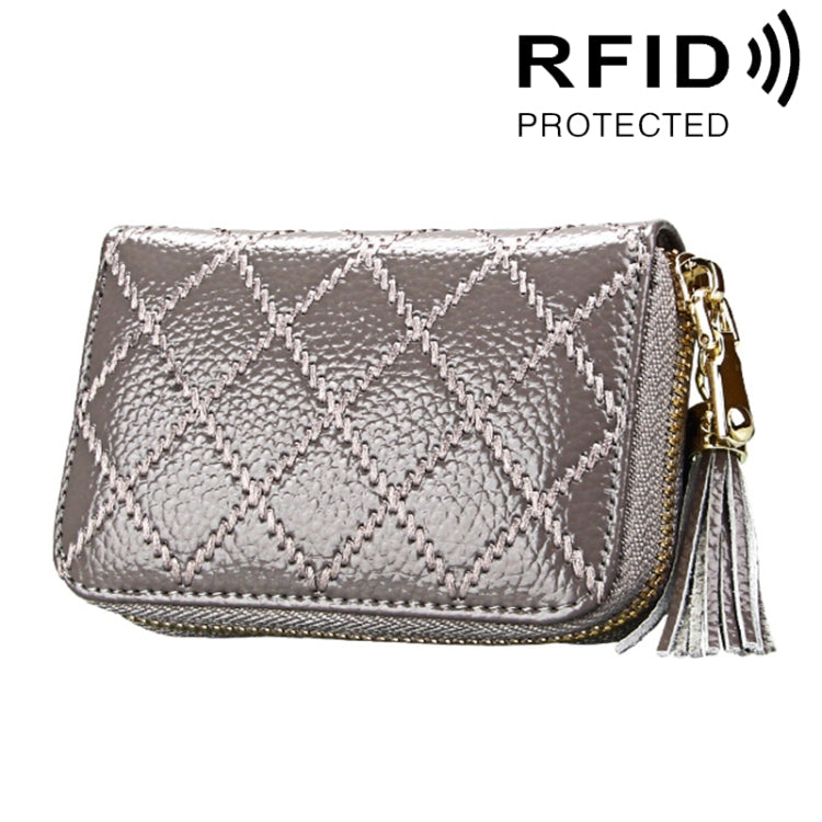 Genuine Cowhide Leather Grid Texture Zipper Card Holder Wallet RFID Blocking Card Bag Protect Case Coin Purse with Tassel Pendant & 15 Card Slots for Women, Size: 11.1*7.9*3.5cm(Grey)