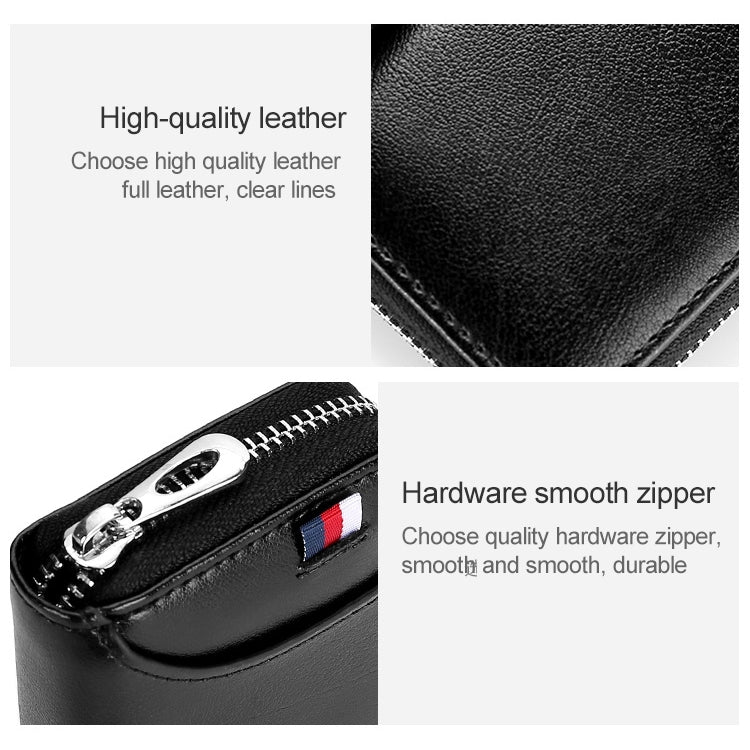 KB155 Antimagnetic RFID Zipper Leather Large-capacity Cards Holder Wallet(Black)
