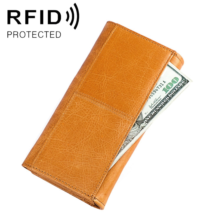 3559 Antimagnetic RFID Multi-function Zipper Retro Top-grain Leather Lady Purse Wallet (Yellowish-brown)