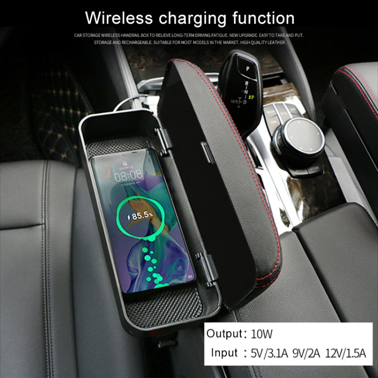 Universal Car Wireless Qi Standard Charger PU Leather Wrapped Armrest Box Cushion Car Armrest Box Mat with Storage Box (Black Red)