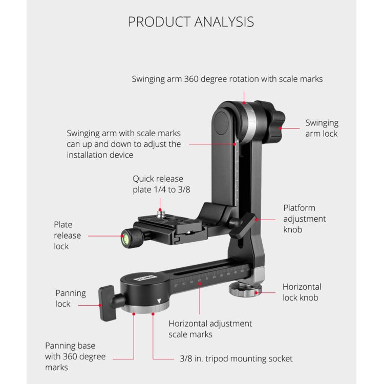 YELANGU A171 YLG0401E-C 360 Degree Rotation Horizontal Cantilever Gimbal Tripod Head for Home DV and SLR Cameras (Black)