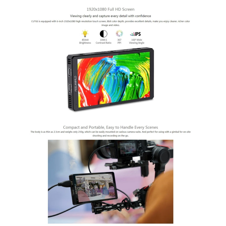 FEELWORLD CUT6S 6-inch Touch Screen Monitor Recorder FHD IPS 4K HDMI 3G-SDI Camera Field Monitor (Black)