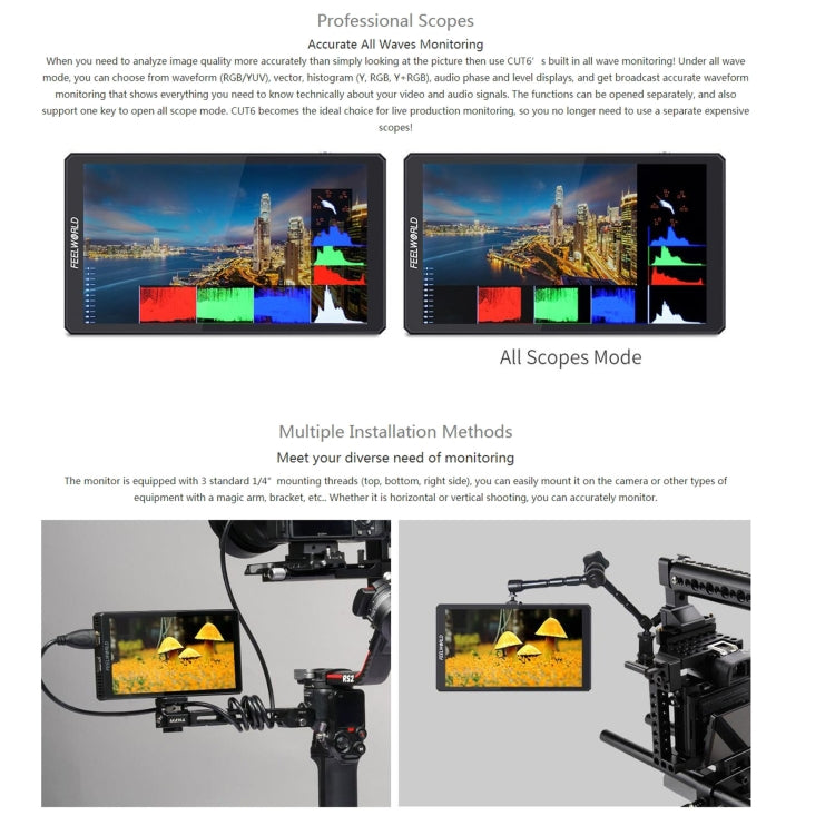 FEELWORLD CUT6 6-inch Touch Screen Monitor Recorder FHD IPS 4K HDMI Camera Field Monitor (Black)