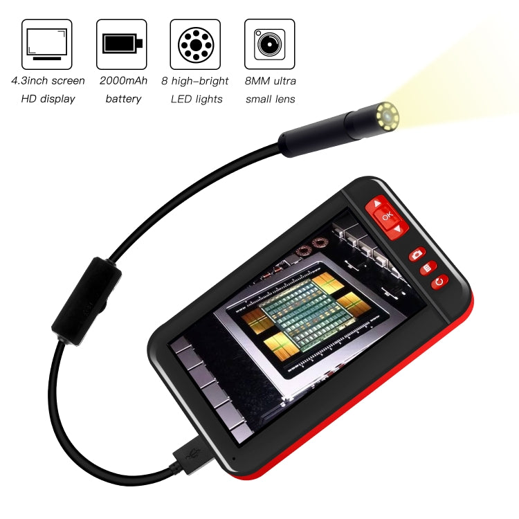 P20 4.3 Inch Screen Display HD1080P Inspection Endoscope with 8 LEDs, Length: 5m, Lens Diameter: 8mm, Hard Line - by PMC Jewellery | Online Shopping South Africa | PMC Jewellery