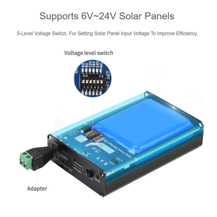 Waveshare Solar Power Manager, Embedded 10000mAh Li-Po Battery, Support 6V~24V Solar Panels (Black) - free shipping - PMC Jewellery - Order now!