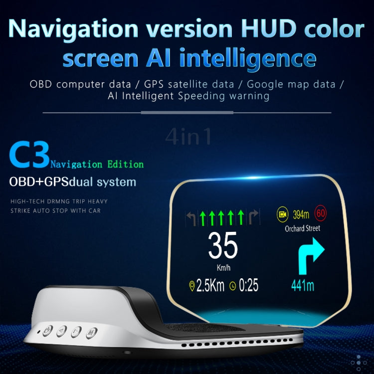 C3 OBD2 + GPS Mode Car Head-up Display HUD Overspeed / Speed / Water Temperature Too High / Voltage Too Low / Engine Failure Alarm / Fatigue Driving Reminder / Navigation Function - free shipping - PMC Jewellery - Order now!