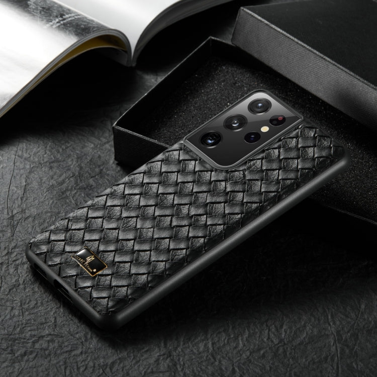 For Samsung Galaxy S21 Ultra 5G Fierre Shann Leather Texture Phone Back Cover Case(Woven Black) - Galaxy S21 Ultra 5G Cases by FIERRE SHANN | Online Shopping South Africa | PMC TechLife | Buy Now Pay Later Mobicred