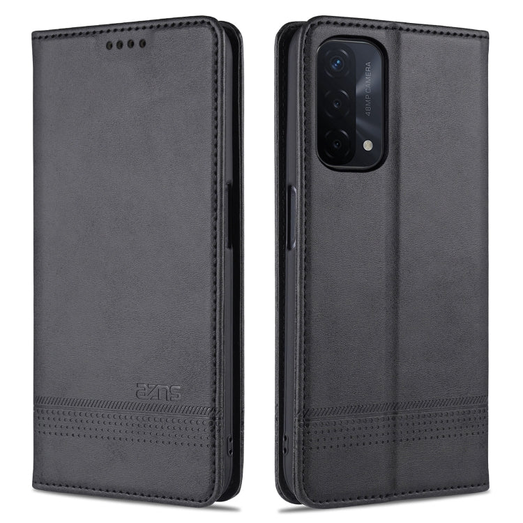 For OPPO A74 (5G) AZNS Magnetic Calf Texture Horizontal Flip Leather Case with Card Slots & Holder & Wallet(Black)