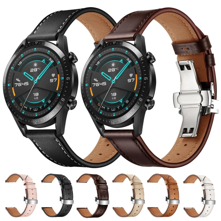 22mm Universal Butterfly Buckle Leather Watch Band, Style:Silver Buckle(Apricot) - 22mm Bands by PMC TechLife | Online Shopping South Africa | PMC TechLife | Buy Now Pay Later Mobicred