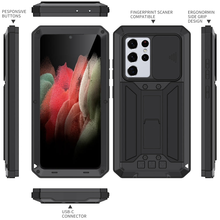 For Samsung Galaxy S21 Ultra 5G R-JUST Sliding Lens Cover Shockproof Dustproof Water-resistant Metal + Silicone Case with Invisible Holder(Black)
