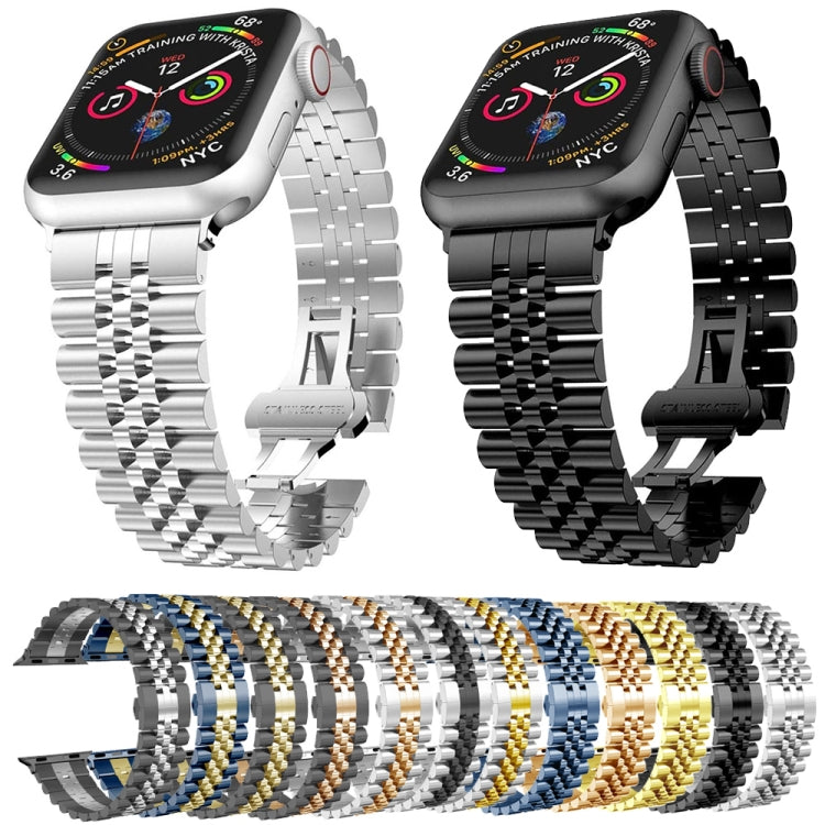 Man Five Beads Stainless Steel Watch Band, Width: 22mm For Apple Watch Series 9&8&7 41mm / SE 3&SE 2&6&SE&5&4 40mm / 3&2&1 38mm(Silver + Gold) - Watch Bands by PMC TechLife | Online Shopping South Africa | PMC TechLife | Buy Now Pay Later Mobicred