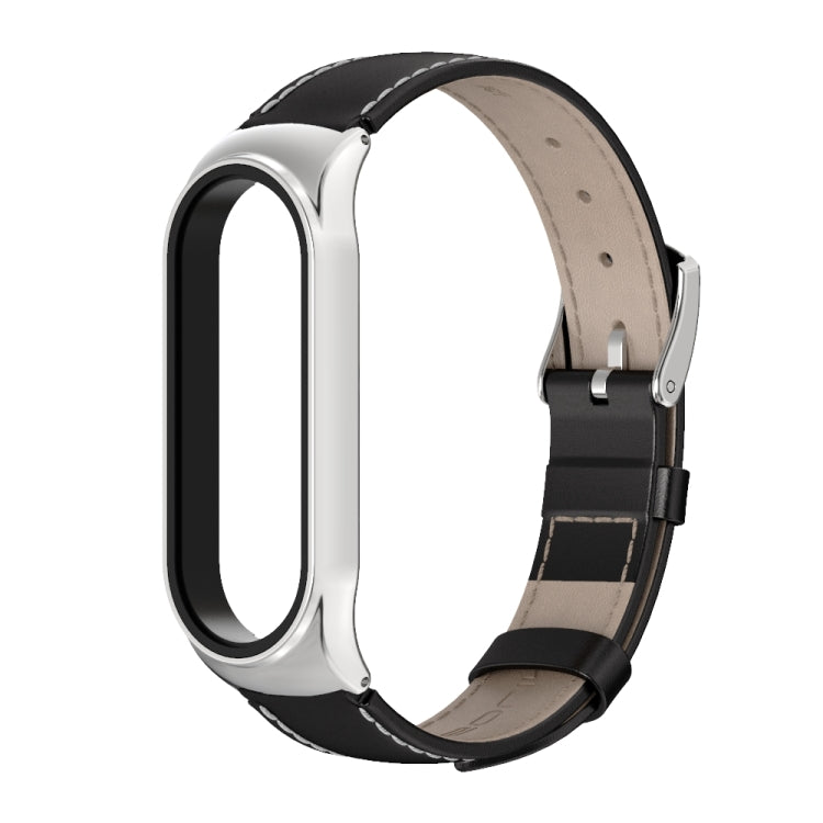 For Xiaomi Mi Band 6 / 5 / 4 / 3 Mijobs CS First Layer Cowhide Watch Band(Black + Silver) - Watch Bands by MIJOBS