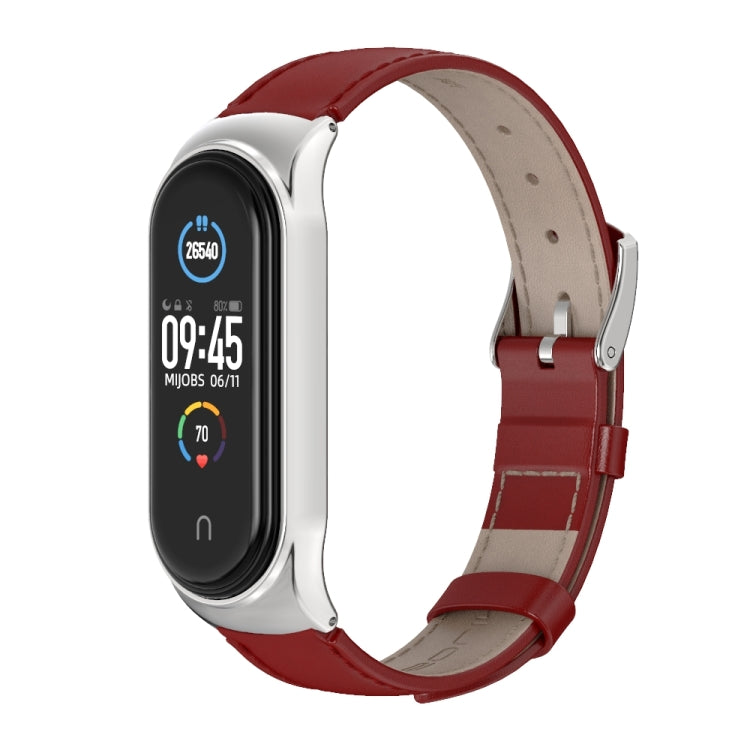 For Xiaomi Mi Band 6 / 5 / 4 / 3 Mijobs CS First Layer Cowhide Watch Band(Red + Silver)