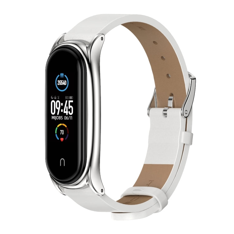For Xiaomi Mi Band 6 / 5 / 4 / 3 Mijobs Metal Case Crazy Horse Texture PU Microfiber Plus Watch Band(White Silver)