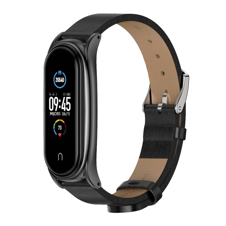 For Xiaomi Mi Band 6 / 5 / 4 / 3 Mijobs Metal Case Crazy Horse Texture PU Microfiber Plus Watch Band(Black)